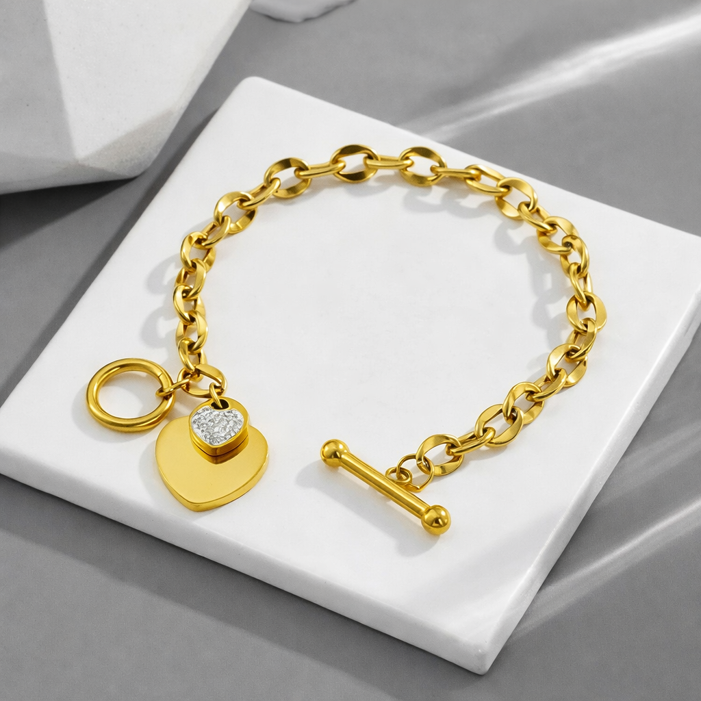 Gold Plated Stainless Steel Anti Tarnish Heart Lock Bracelet