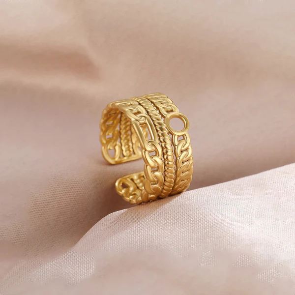 Gold Plated Anti Tarnish Stainless Steel Layered Chain Ring