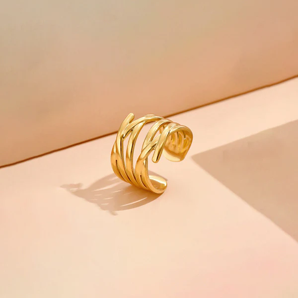 Gold Plated Anti Tarnish Sculpted Wave Cuff Ring