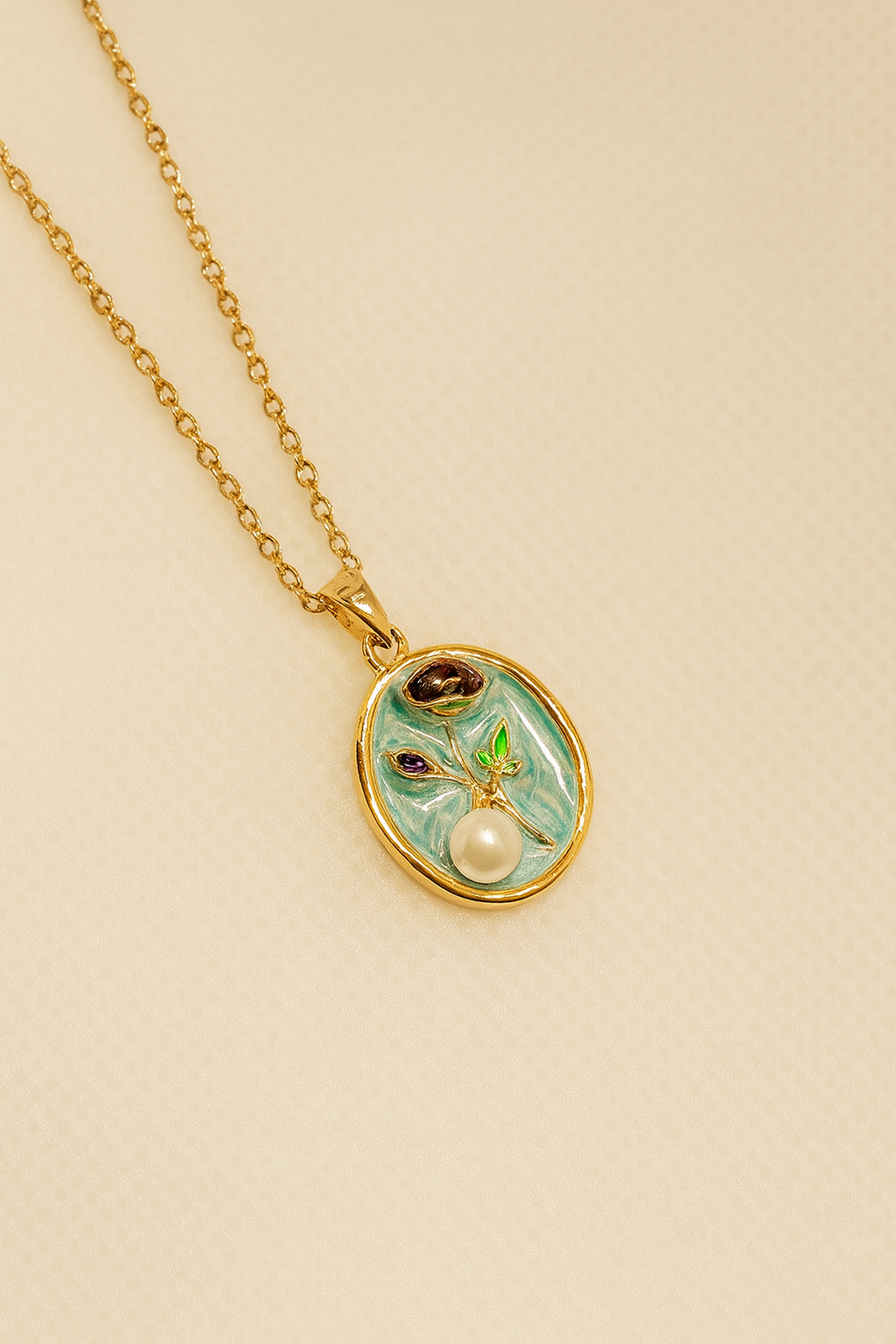 Gold Plated Anti Tarnish Stainless Steel Botanical Pearl Necklace