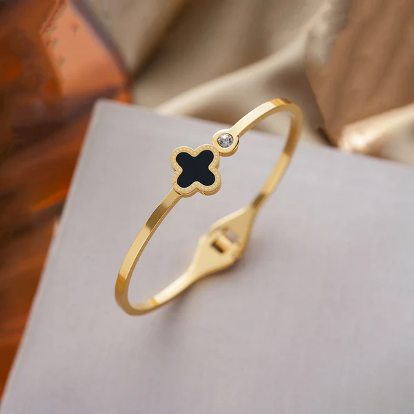 Gold Plated Anti Tarnish Stainless Steel Black Clover Bangles