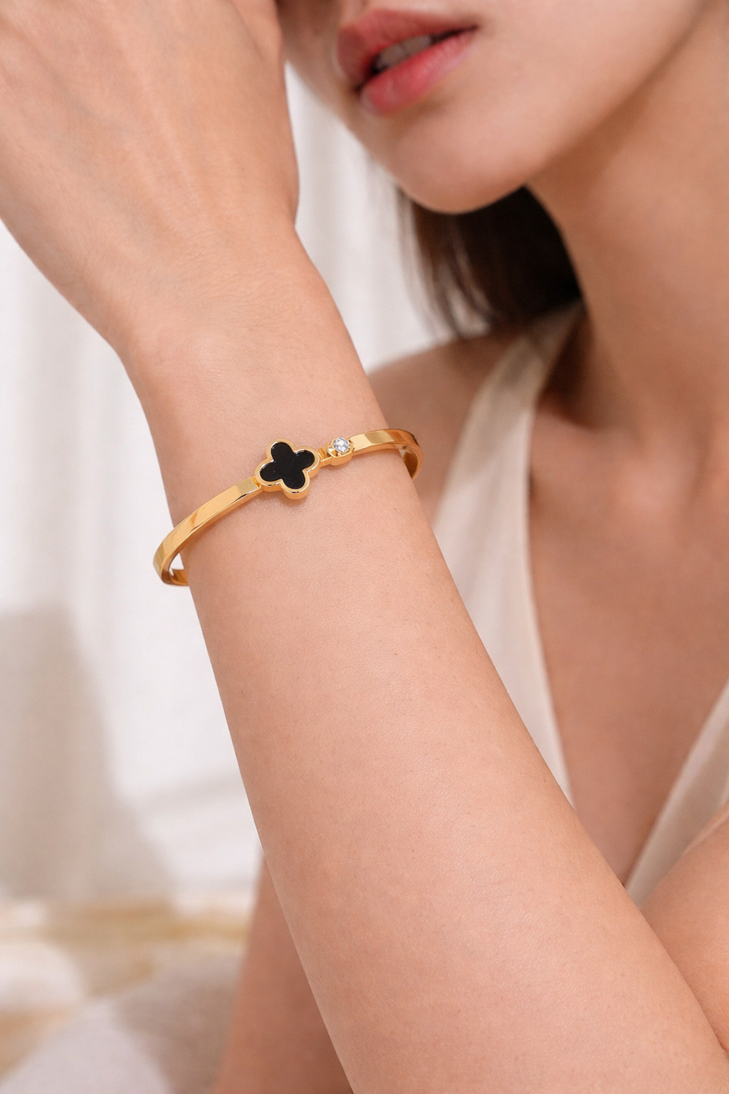 Gold Plated Anti Tarnish Stainless Steel Black Clover Bangles