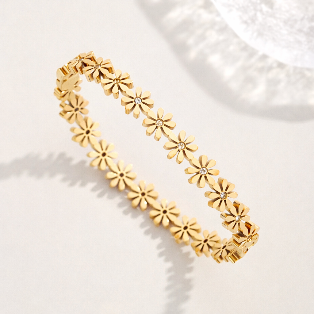 Gold Plated Anti Tarnish Stainless Steel Daisy Bloom Bangle