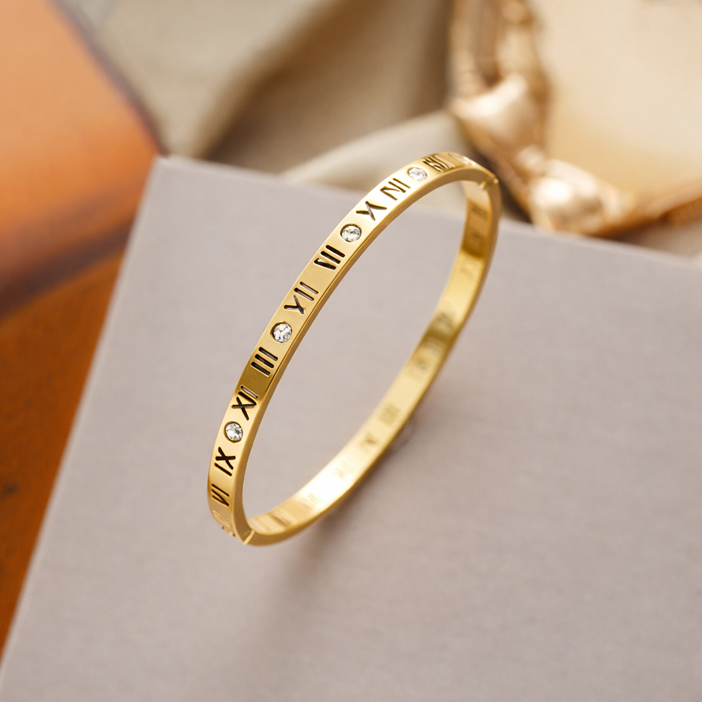 Gold Plated Anti Tarnish Stainless Steel Roman Numeral Bangle