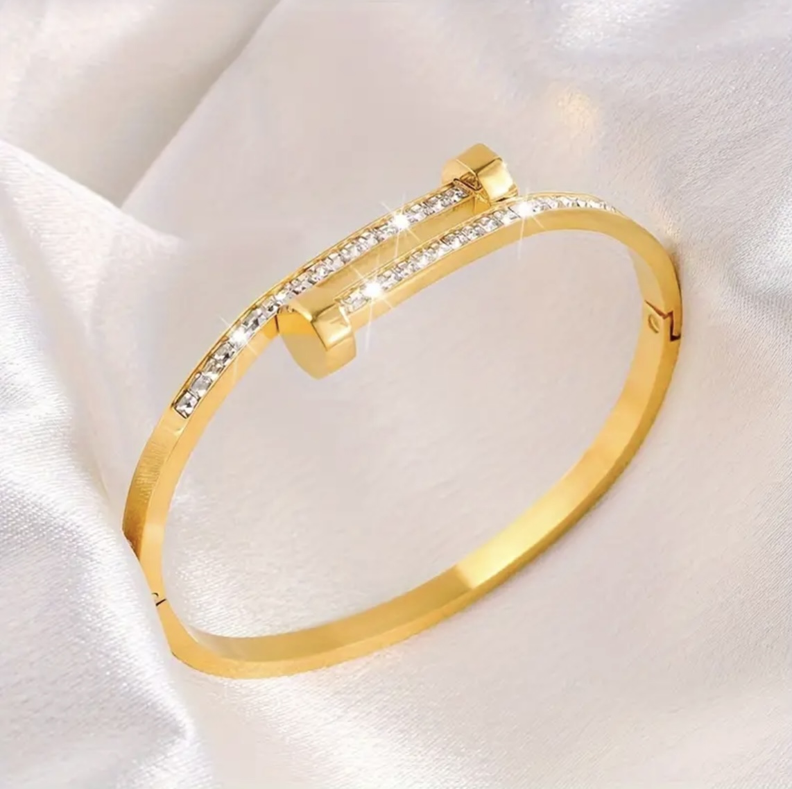 Gold Plated Anti Tarnish Stainless Steel Crystal Nail Bangle
