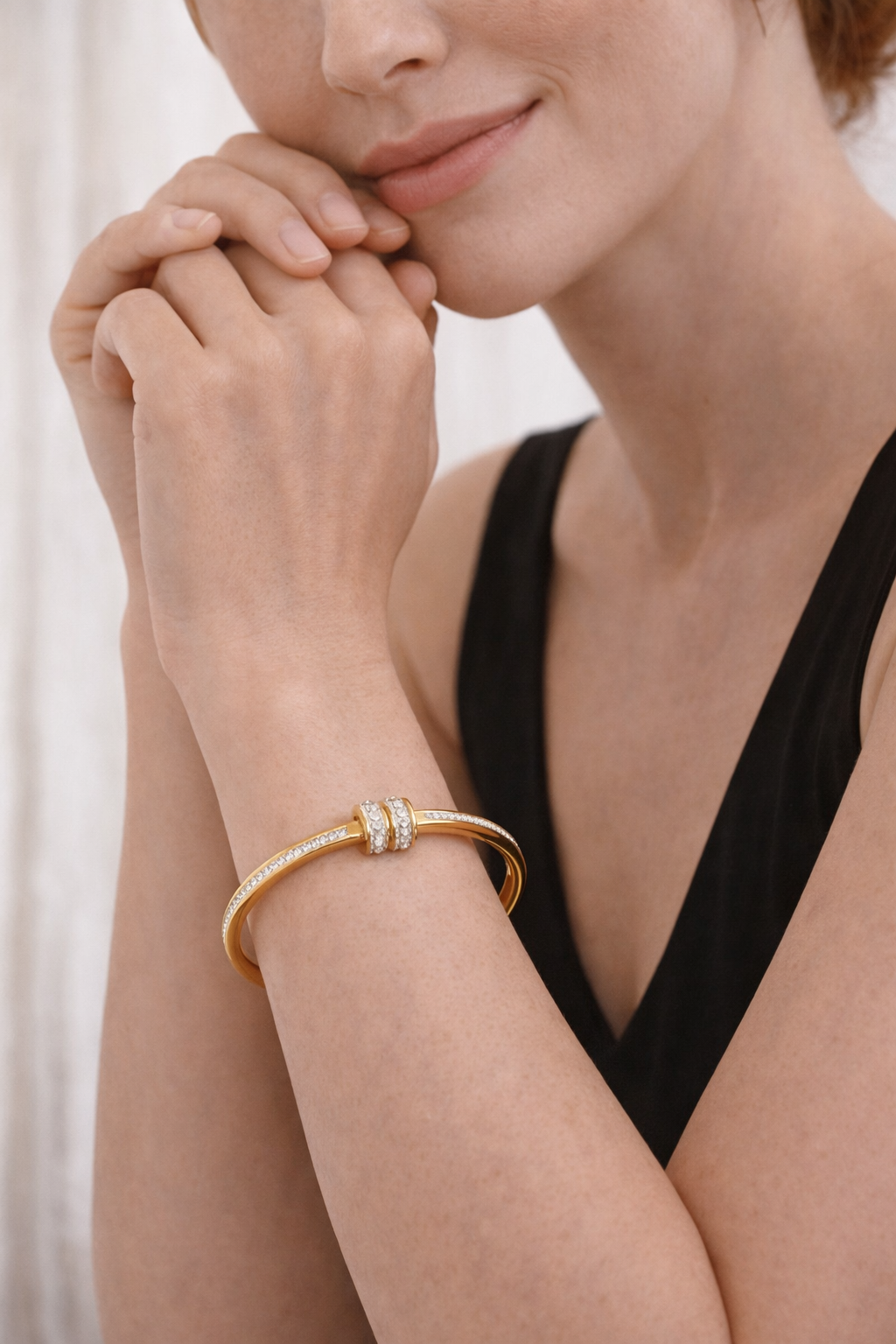 Gold Plated Anti Tarnish Stainless Steel Crystal Knot Bangle