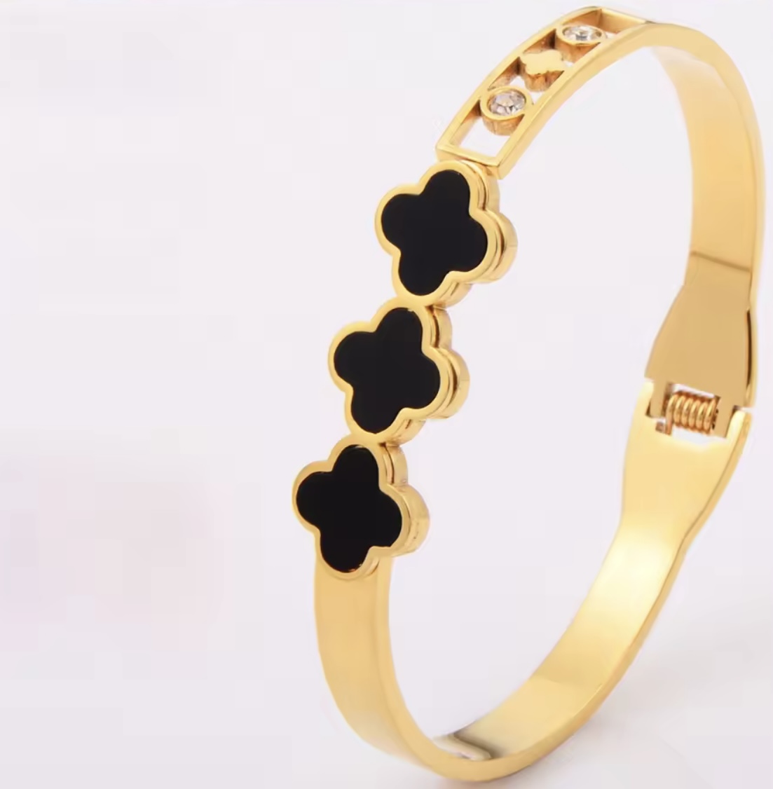 Gold Plated Anti Tarnish Stainless Steel Black Clover Bangle