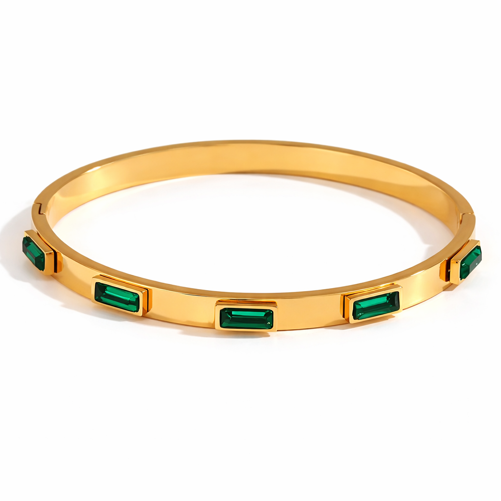 Gold Plated Anti Tarnish Stainless Steel Emerald Bar Bangle
