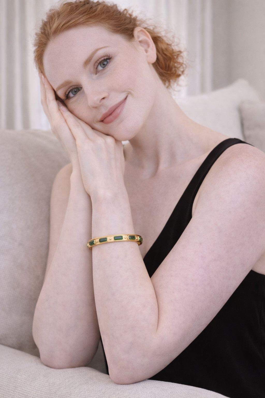 Gold Plated Anti Tarnish Stainless Steel Emerald Bar Bangle