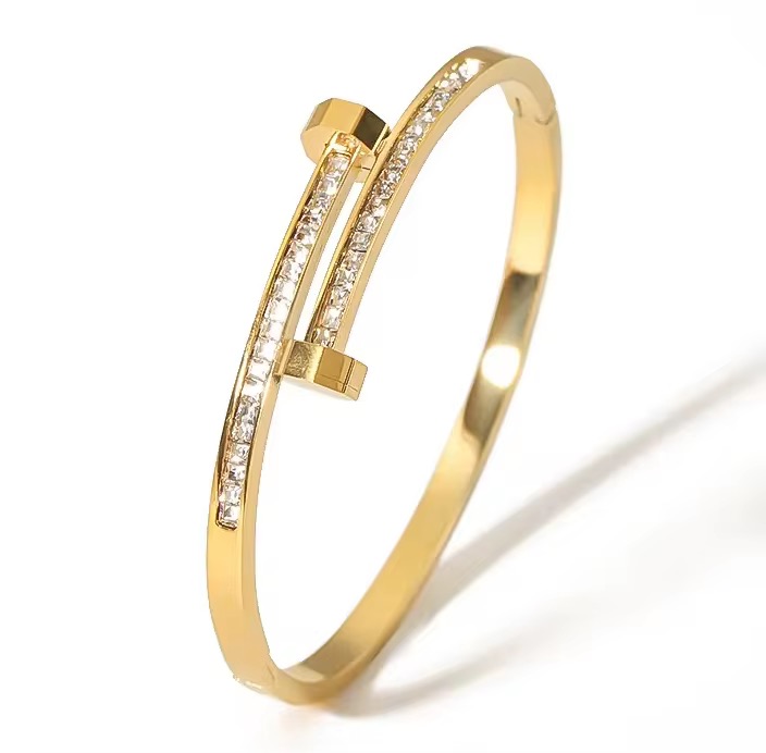Gold Plated Anti Tarnish Stainless Steel Crystal Nail Bangle