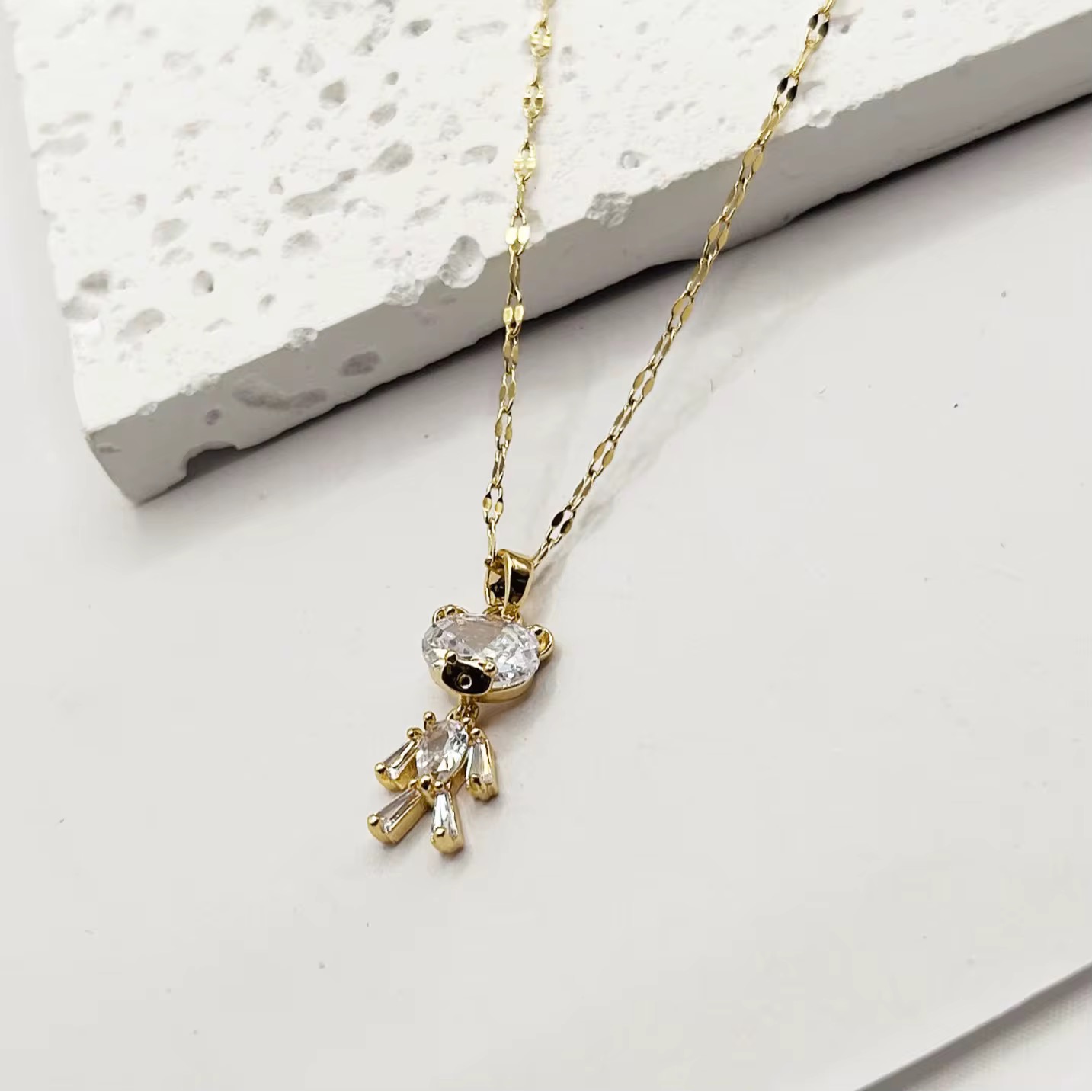 Gold Plated Anti Tarnish Stainless Steel Crystal Teddy Necklace