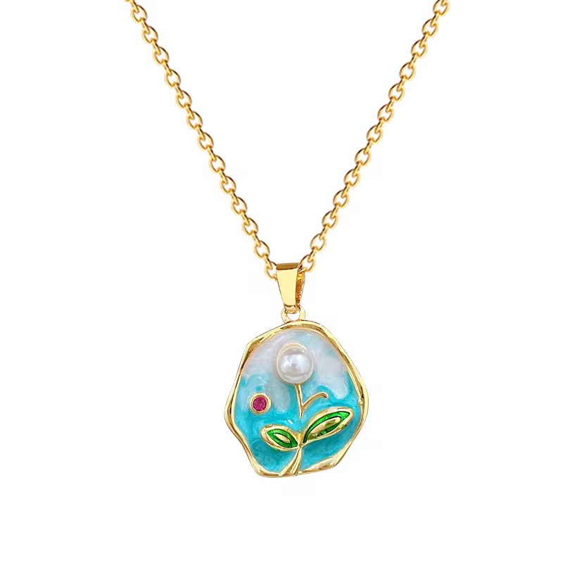 Gold Plated Anti Tarnish Aqua Bloom Pendant Necklace