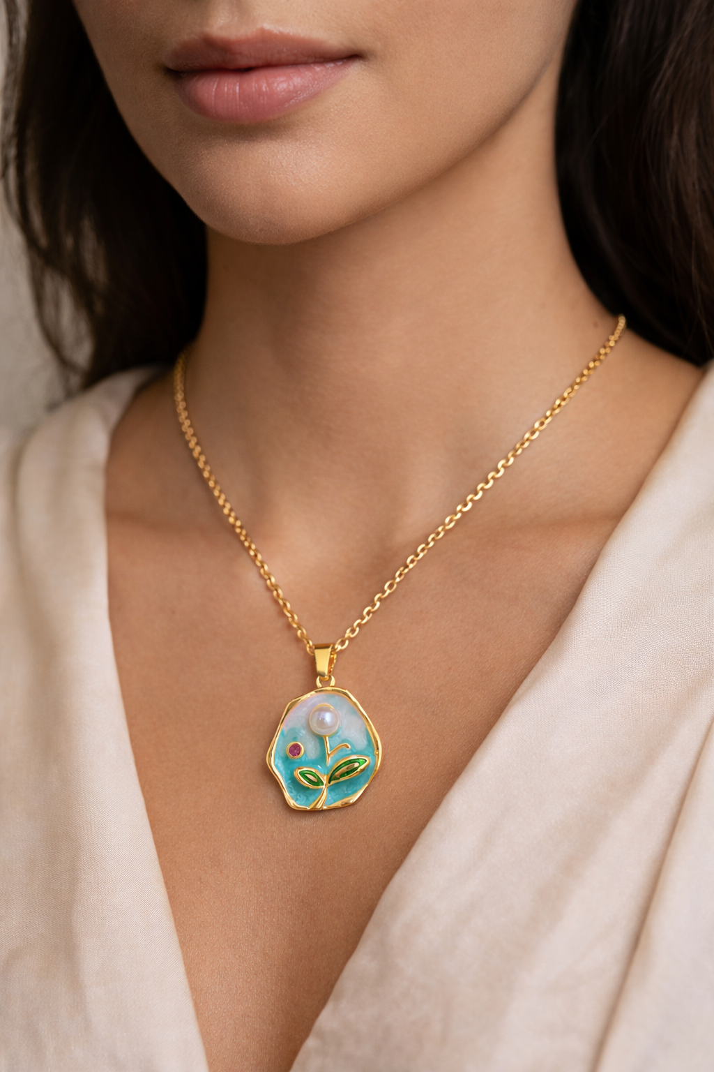 Gold Plated Anti Tarnish Aqua Bloom Pendant Necklace
