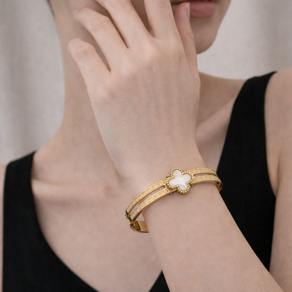 Gold Plated Anti Tarnish White Clover Grace Bangle