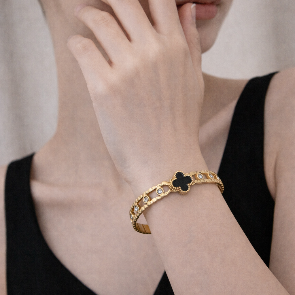Gold Plated Anti Tarnish Black Clover Spark Bangle
