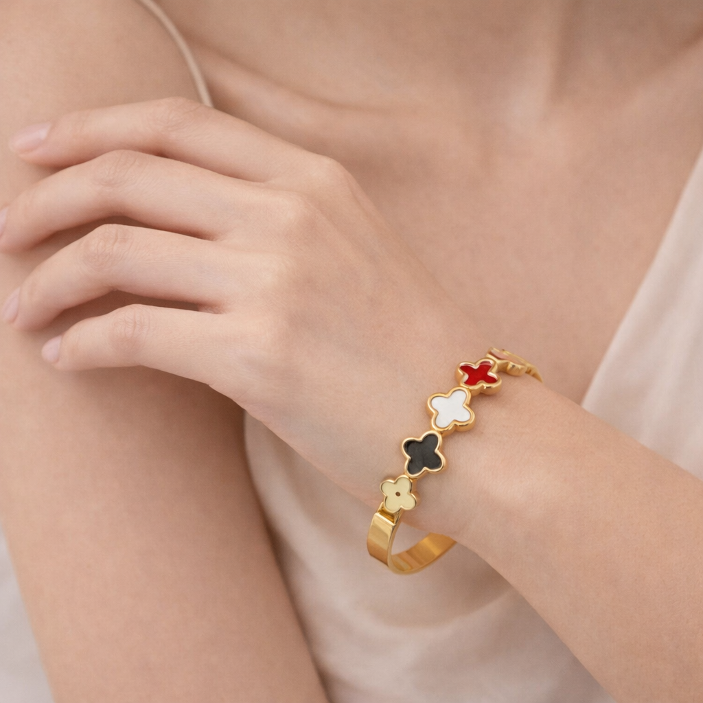 Gold Plated Anti Tarnish Multi Clover Charm Bangle
