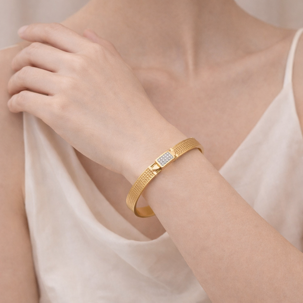 Gold Plated Anti Tarnish Crystal Lock Luxe Bangle