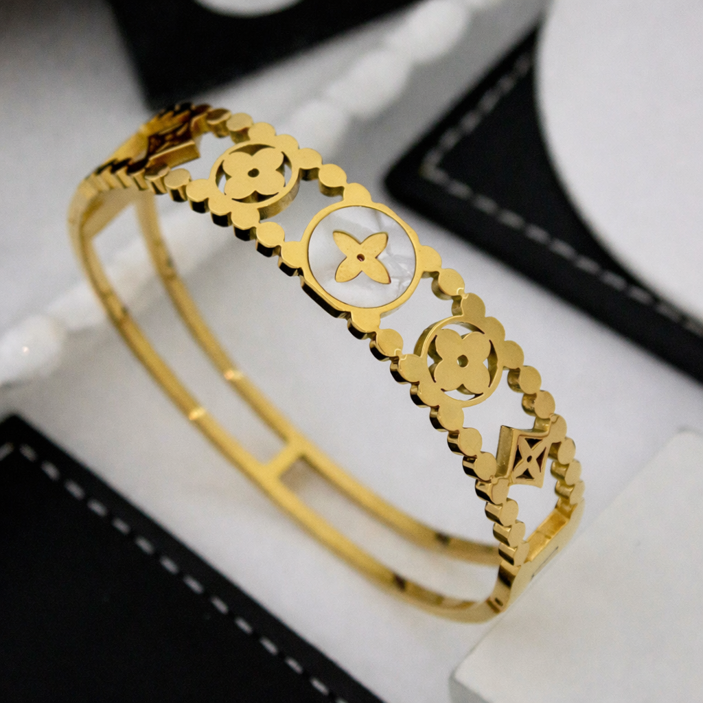 Gold Plated Anti Tarnish Floral Medallion Luxe Bangle