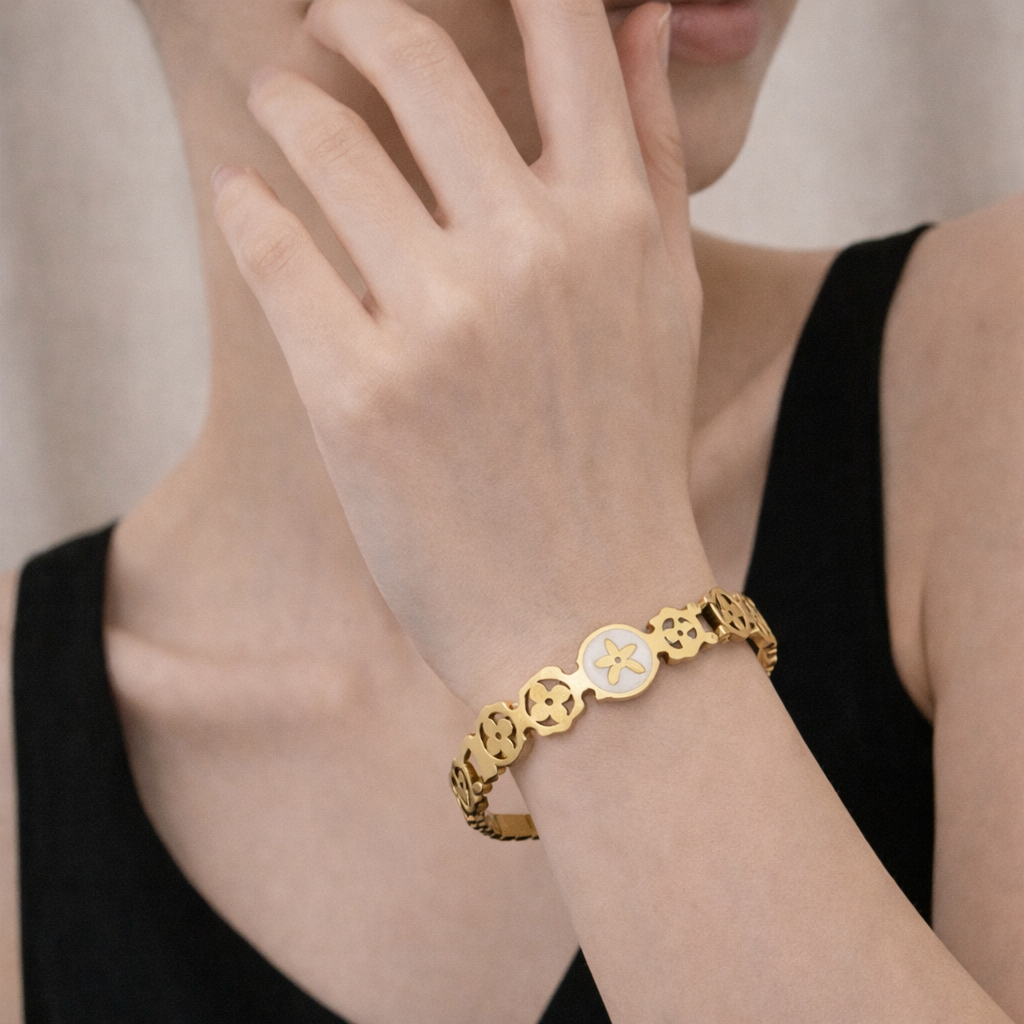 Gold Plated Anti Tarnish Floral Medallion Luxe Bangle