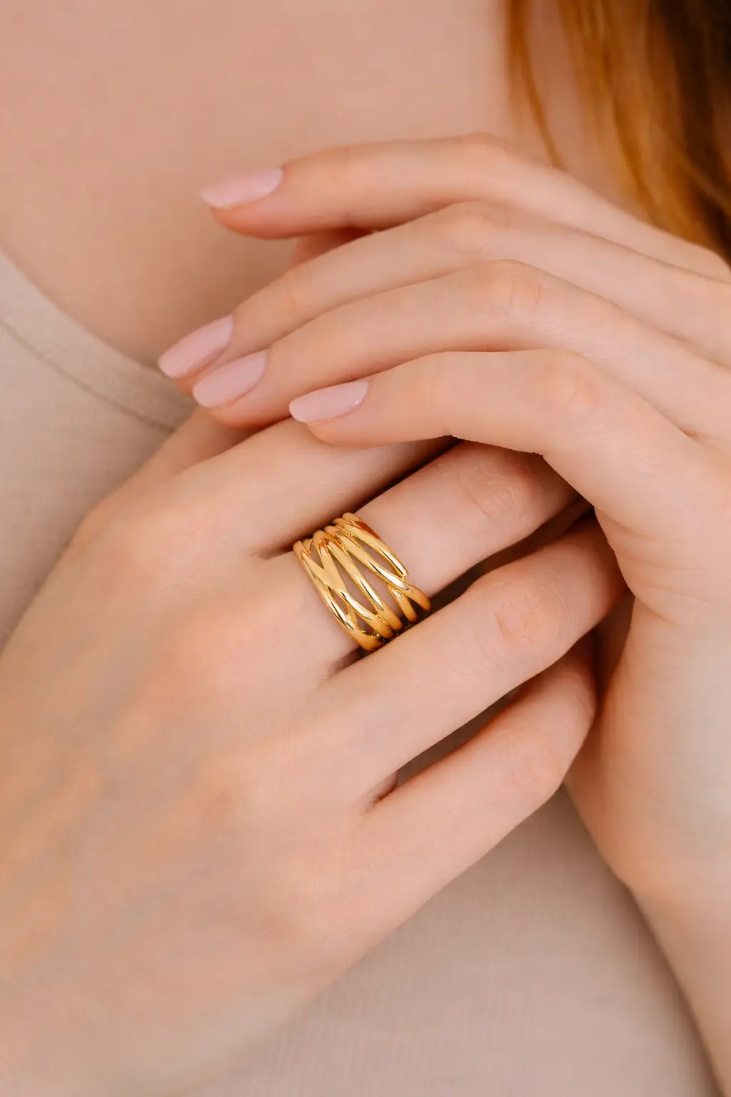 Gold Plated Anti Tarnish Sculpted Wave Cuff Ring